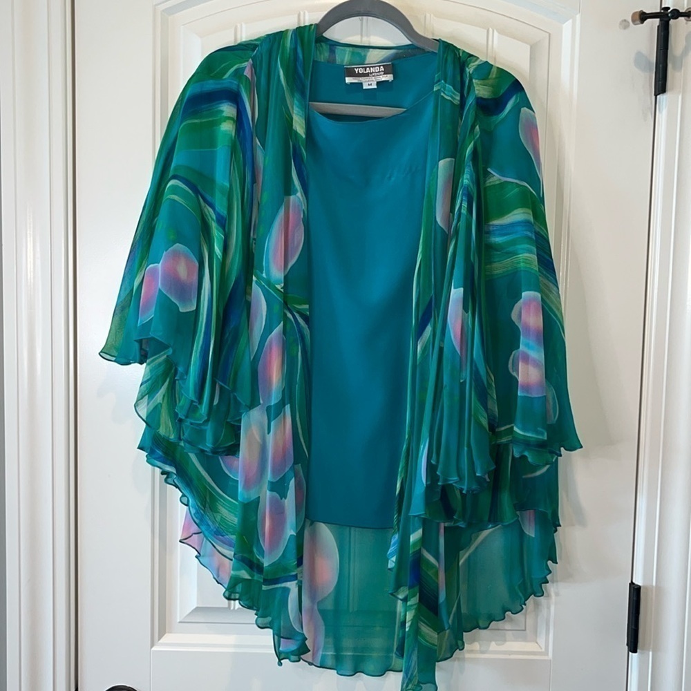 Multi piece Yolanda Lorente teal silk hand painted top skirt and topper size M - Picture 2 of 15